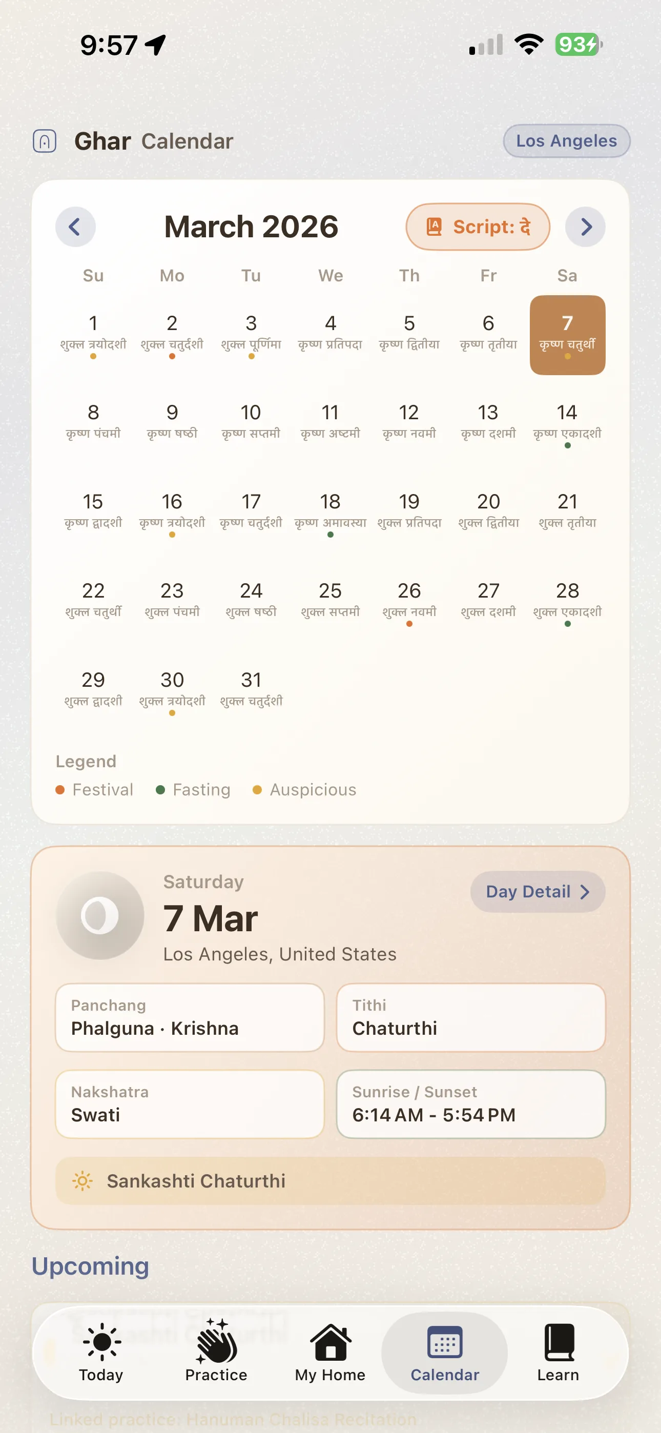 Smart Panchang calendar with Hindu dates and festivals