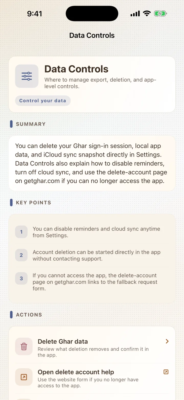 Ghar Data Controls screen showing deletion, export, Cloud Sync, and delete-account help options.