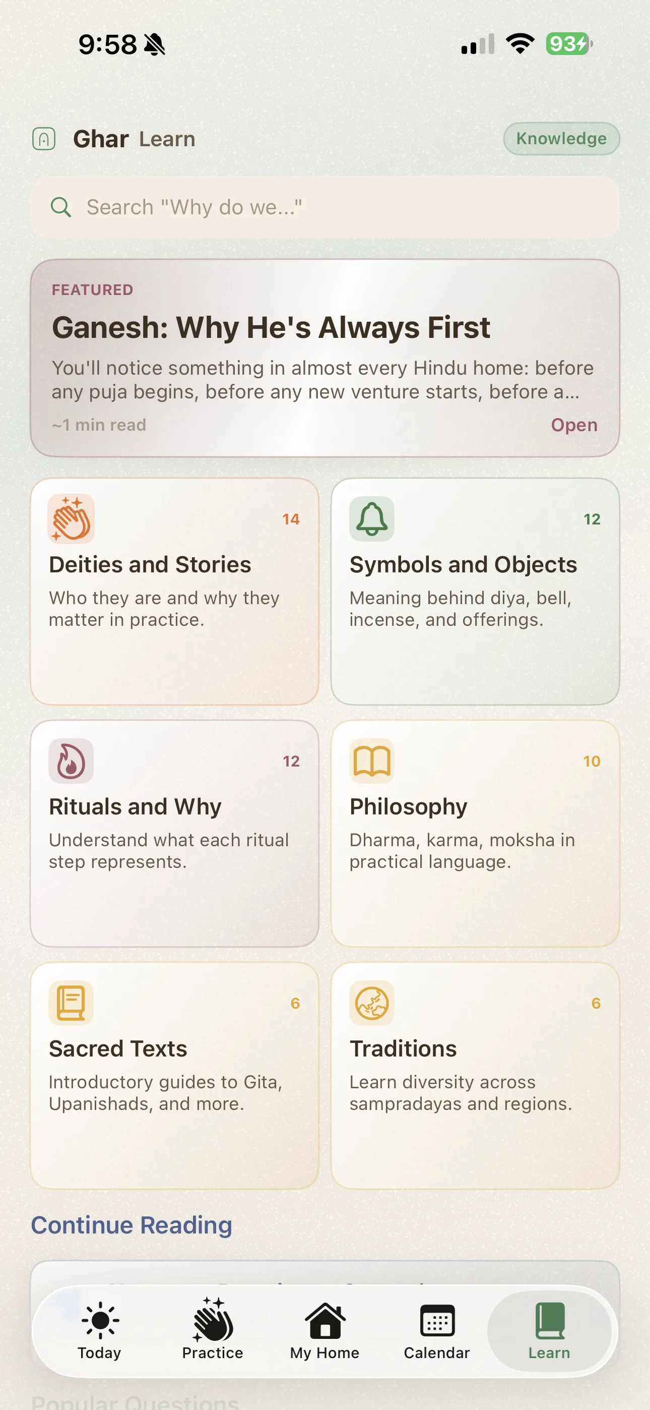 Learn section with knowledge articles on Hindu practices