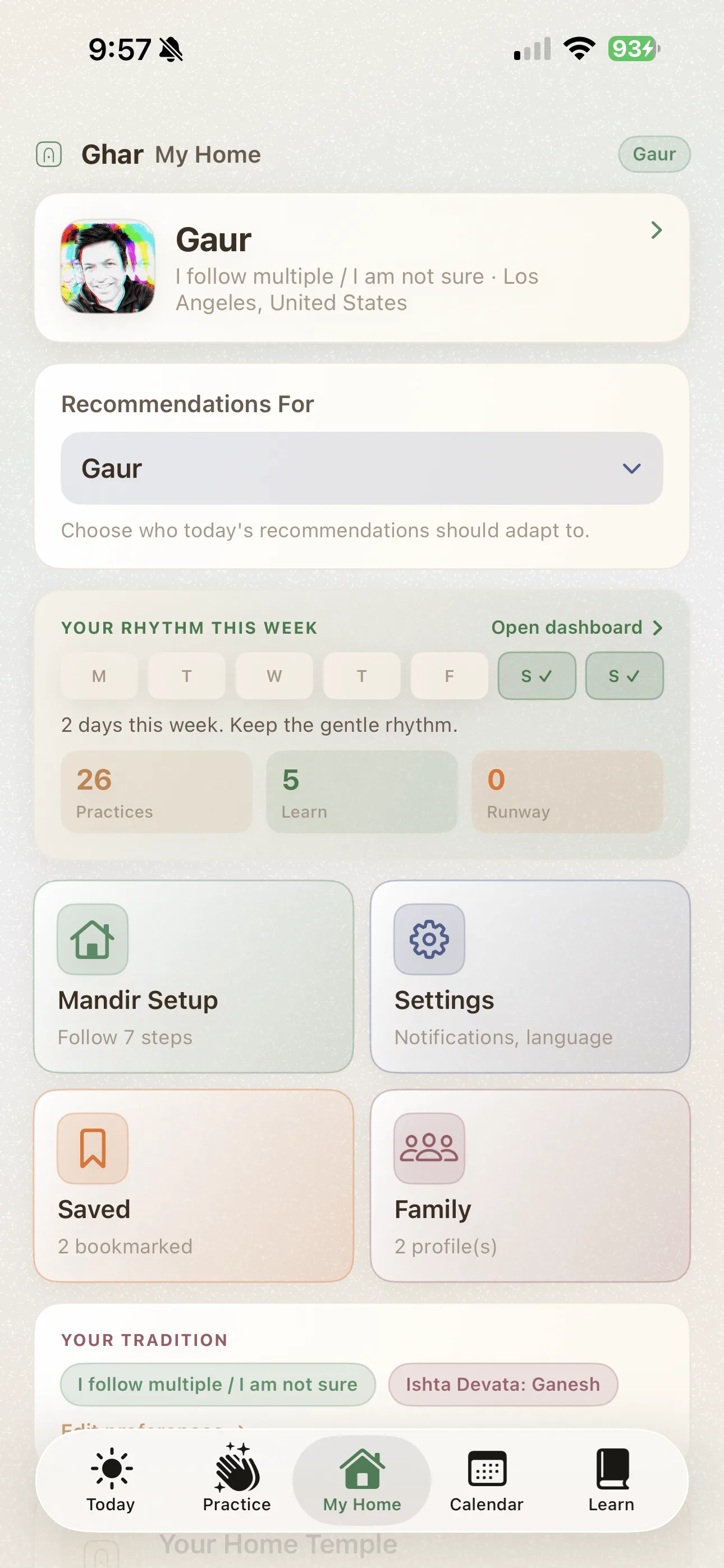 My Home screen showing household profiles, mandir setup, and practice history