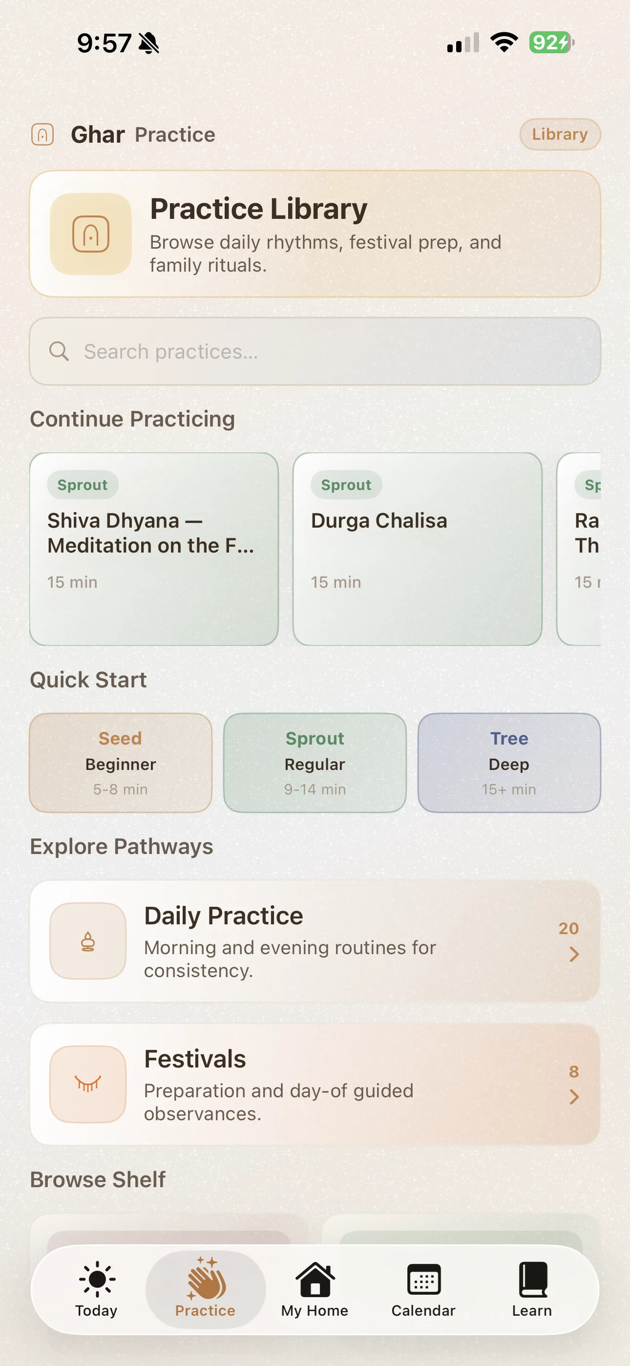 Practice Library organized by Daily Practice, Festivals, Life Events, Home Setup, and By Deity